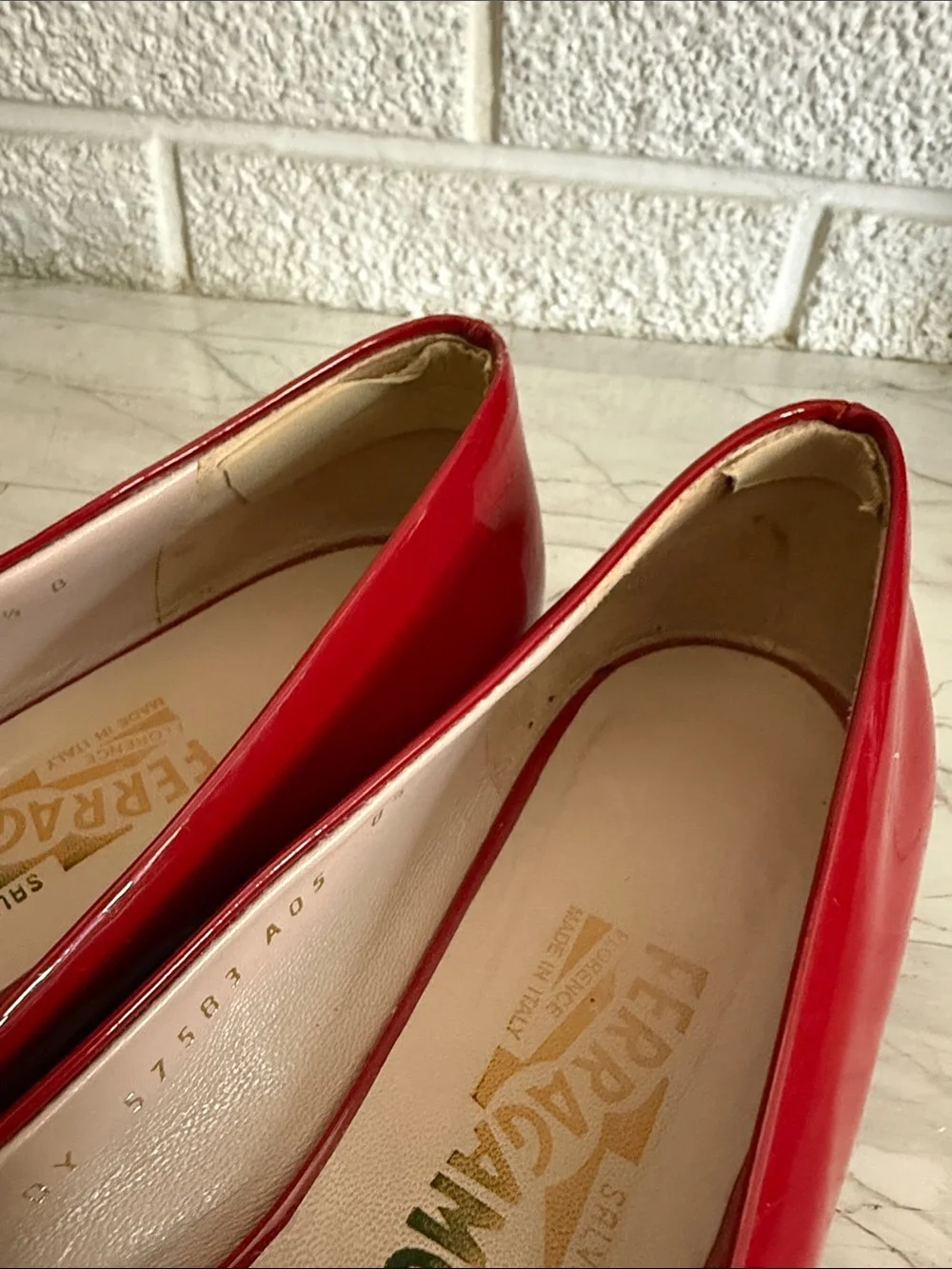 Salvatore Ferragamo Red Patent Leather Buckle Flats with Gold Hardware